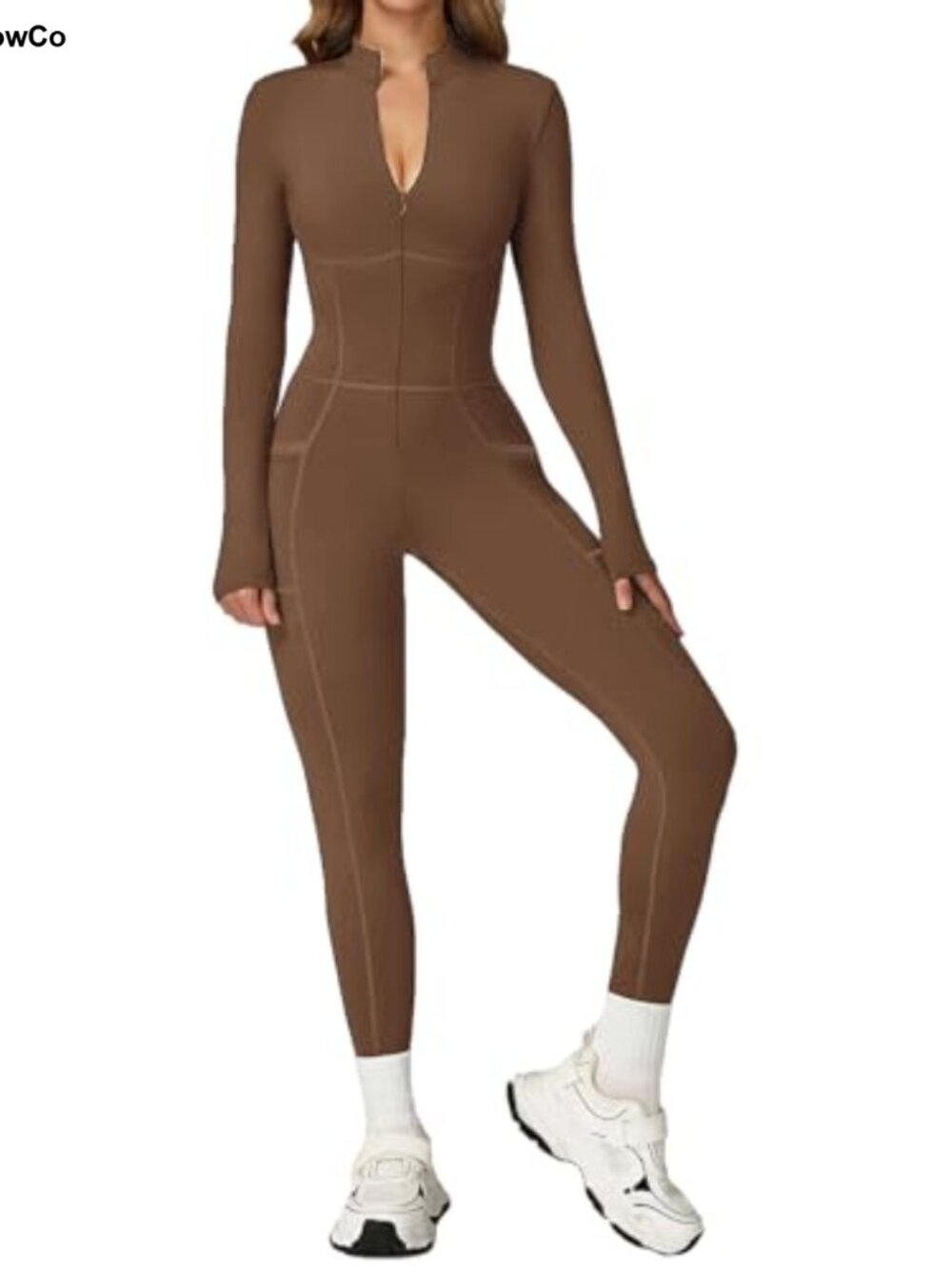 ECUPPER Women Long Sleeve Zip Up Jumpsuit Unitard Pocket Bodysuit